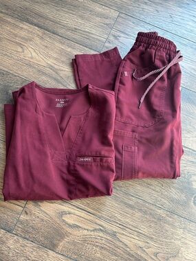 Jaanuu Wine V-Neck Scrub Top & Drawstring Pants